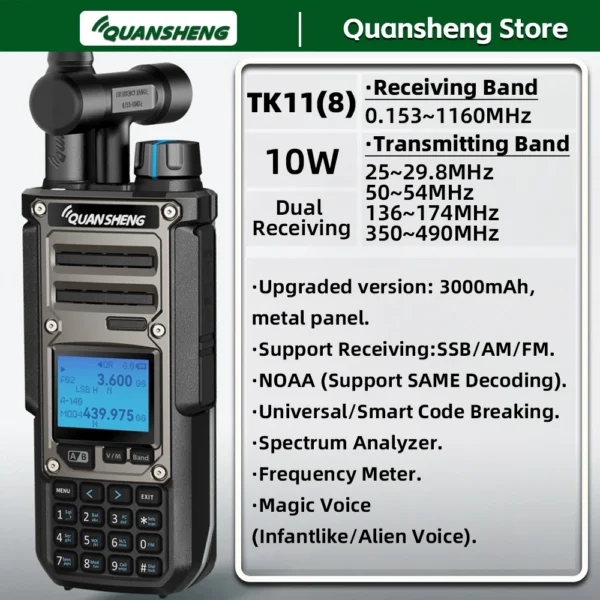 Quansheng TK11 8 Two Way Radio Walkie Talkie Portable Long Range 10W Transceiver Ham Amateur CB Shortwave Receiver AM FM NOAA K5