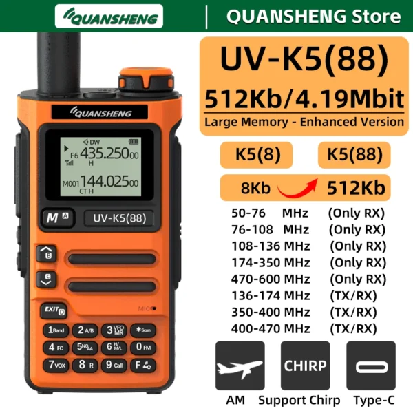 Quansheng UV K5 88 Walkie Talkie 512Kb Large Memory Long Range Portable Two Way Radio FM Ham Wireless Transceiver Communication